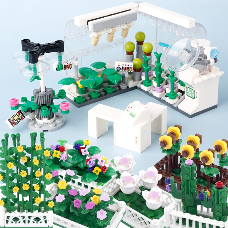 MOC Hydroponic Plant Laboratory Building Blocks Flower Tulip Cactus Sunflower Mini Brick Model Educational Toy Kids Gifts