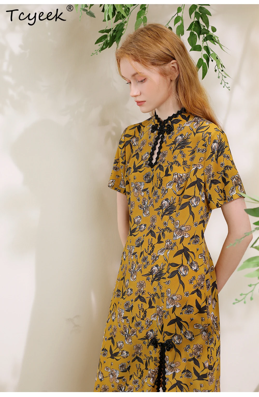 Tcyeek,100% ผ้าไหมแท้,ผู้หญิงแขนสั้นตัดเฉียง,จีนVINTAGE Cheongsam,2024 ฤดูร้อนฤดูใบไม้ร่วงใหม่D47143QM