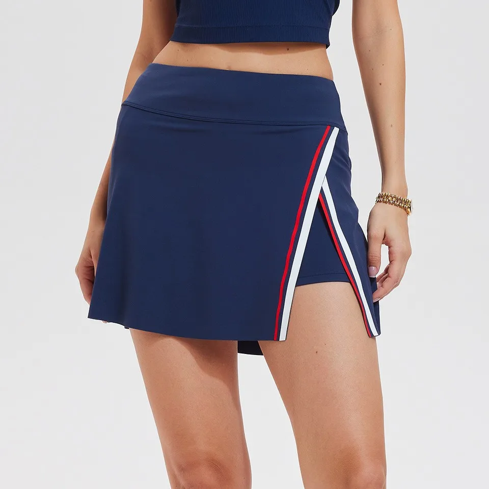Sports tennis skirt women's split A-shaped skirt high waist striped pants skirt fitness quick drying golf badminton yoga Skorts