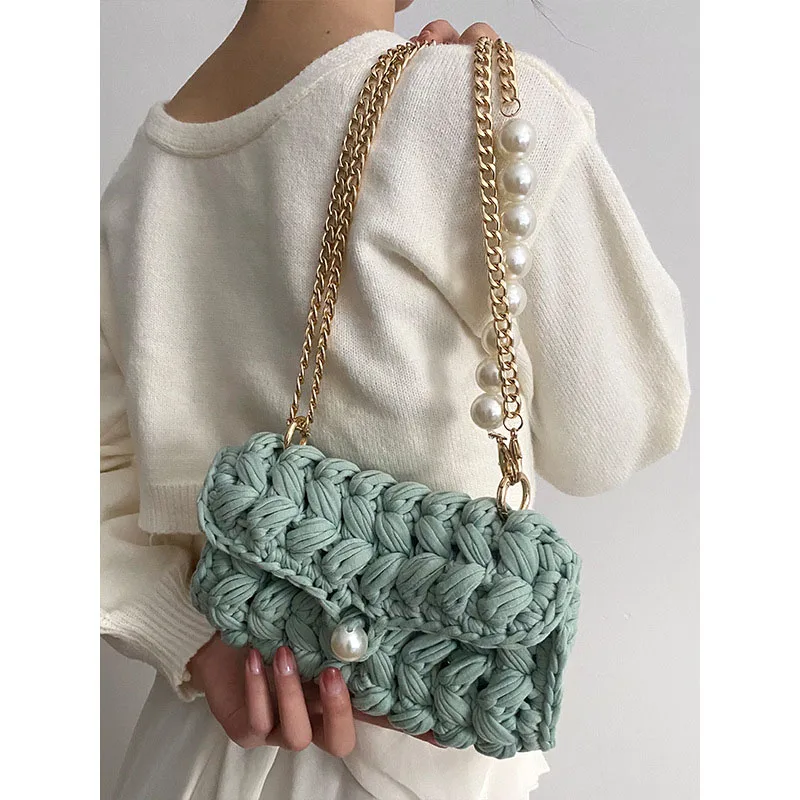 

Handmade Rope Crochet Women's Shoulder Bag Designer Knitting Crossbody Bags for Women Handbags Pearls Chains Sling Bag Tote