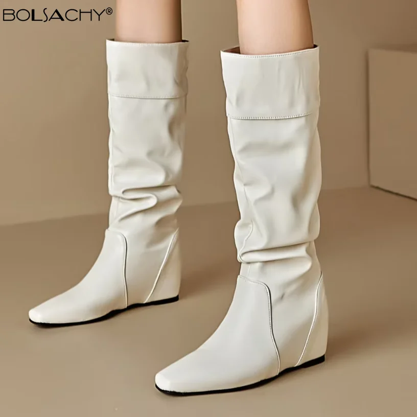 Chelsea Pleated Boots Women Wedge Shoes Winter 2026 New Brand Fashion Knee High Snow High Boots Sexy High Heels slip-on Botas 41