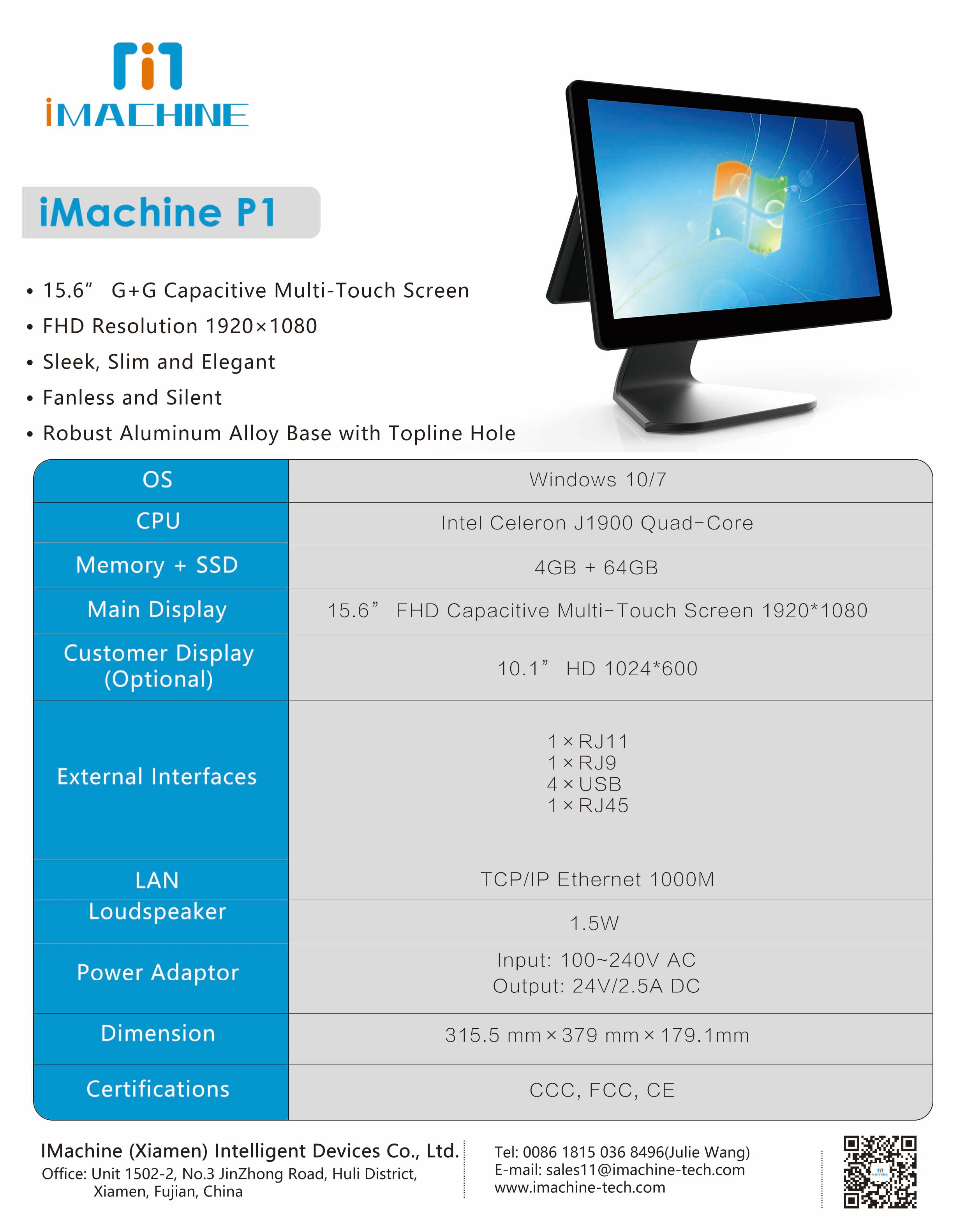 محطة نقاط البيع الذكية لنظام التشغيل Windows/Android FHD 1920*1080 التي تعمل باللمس لطلب البيع بالتجزئة أو المطاعم