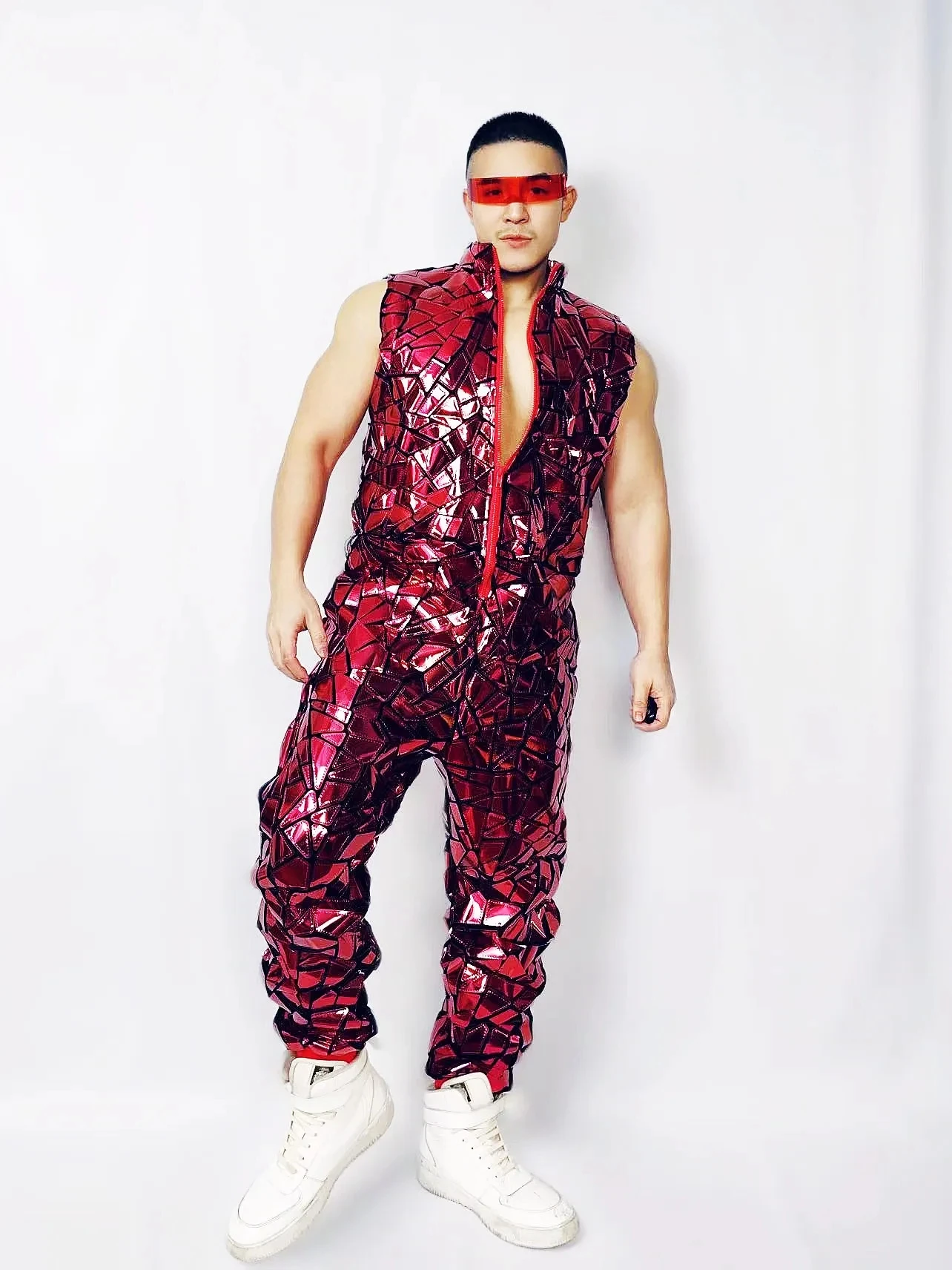 Modern Singer Outfit Sequins Sleeveless Jumpsuit Hip Hop Dance Costume Male men Nightclub Bar Gogo Overalls Performance Cloth