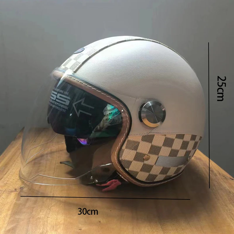 

Striped plaid Unisex Faux Leather helmet 3/4 Motorcycle Helmet for man women Dual Visor Full Face