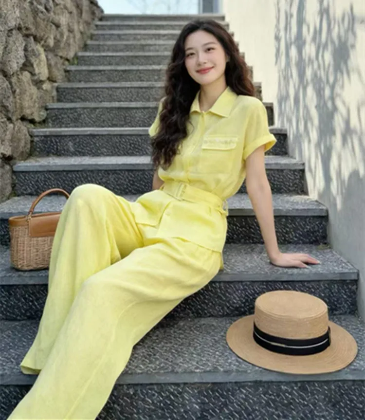 Customization European women's clothing for summer 2026 Short-sleeved button-down linen shirt Wide-leg pants set image 3