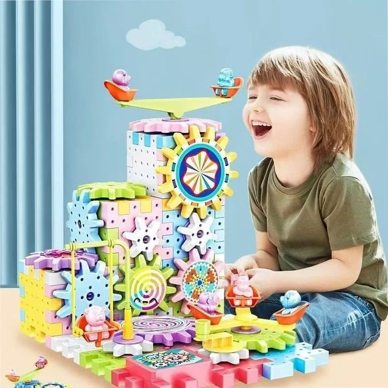 Motorized Spinning Gears Kids Electric Gear Building Toy Set Gear Rail Car Big Building Blocks STEM Construction Toy Set Gifts