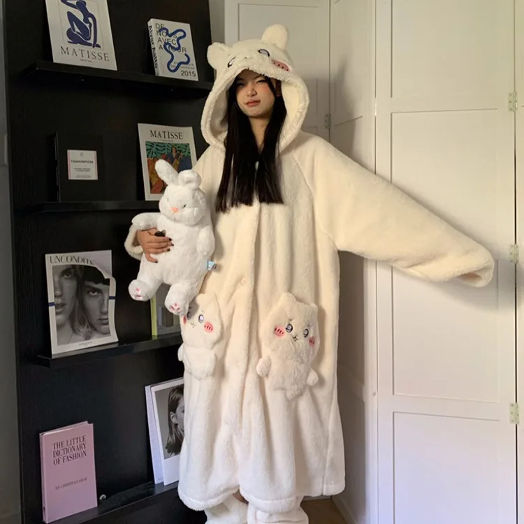 Chiikawass Woman Plush Nightgown Home Clothes Hooded Pajamas Winter Velvet and Thickening Japan Anime Cartoon Loungewear Suit