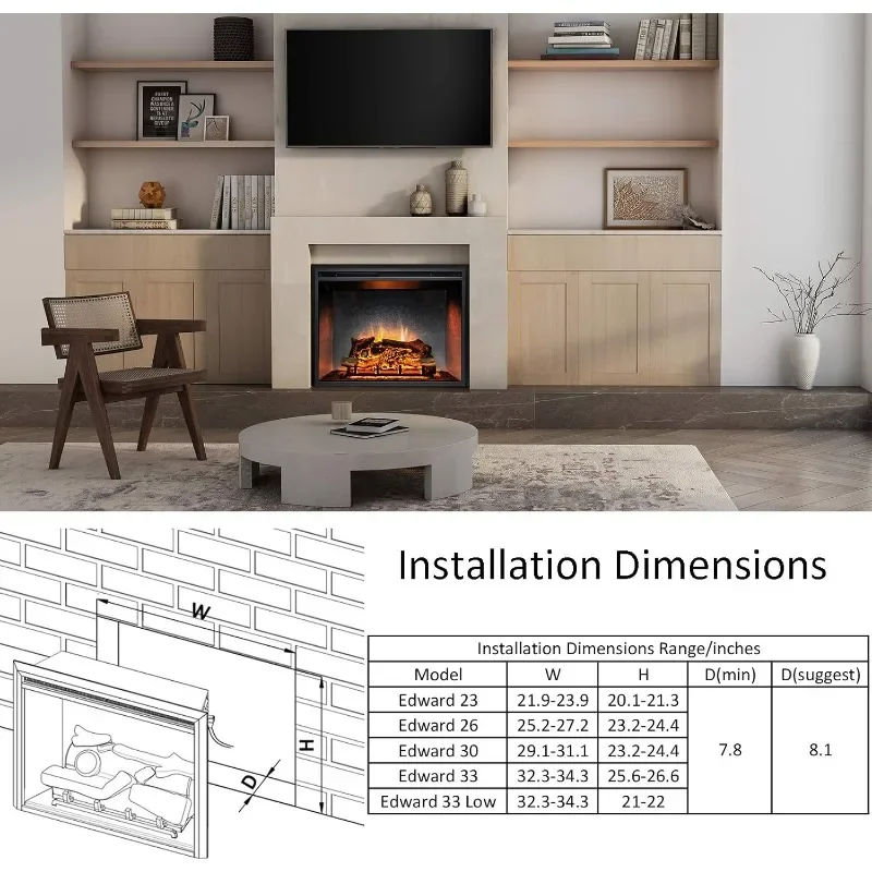 Edward Electric-Insert de cheminée avec son de craquelage au feu, 30 amarans, intérieur en béton patiné, télécommande, 750 W, 1500W