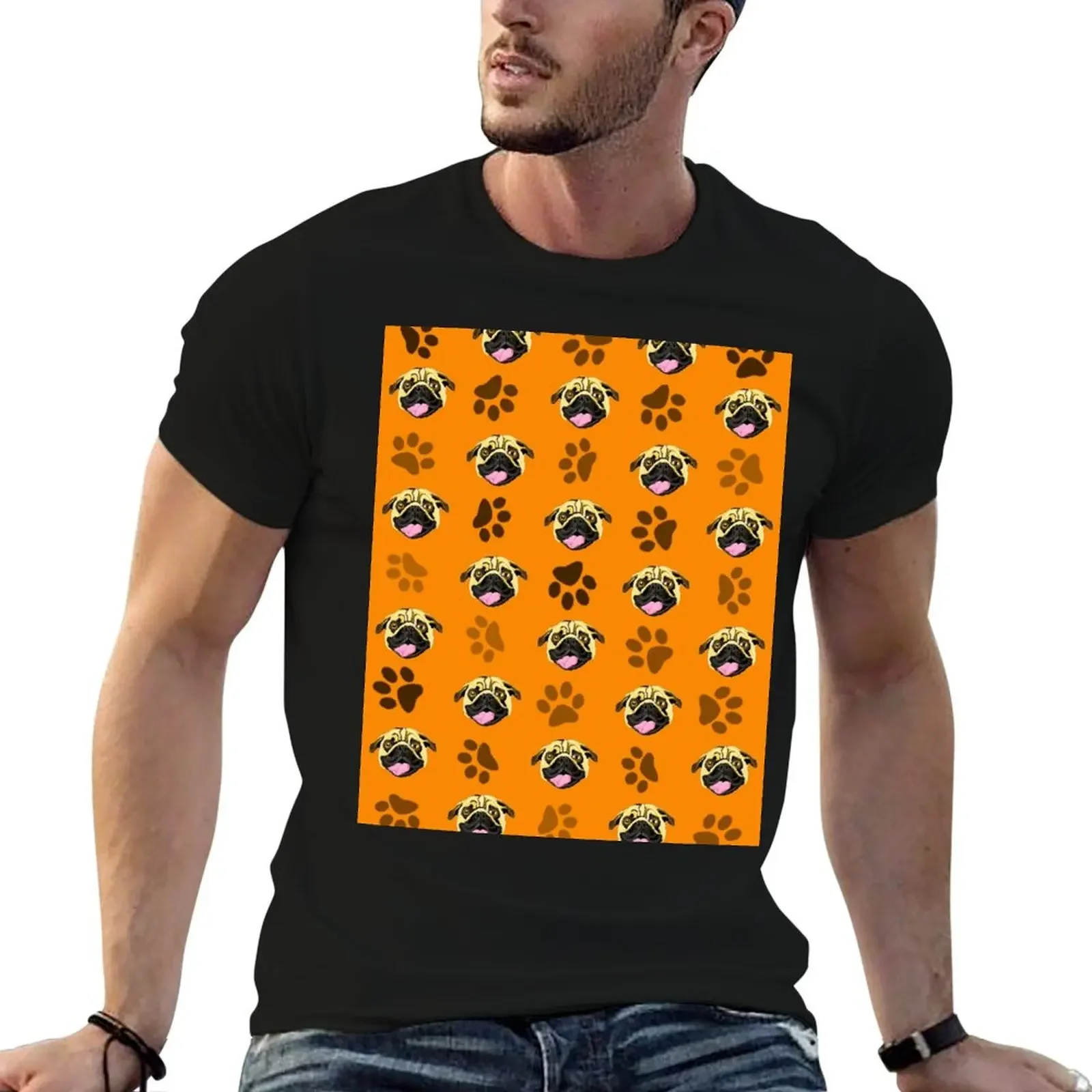 Pugs Print Orange Pattern T-Shirt sweat gifts for boyfriend basketball graphic tees mens tall t shirts