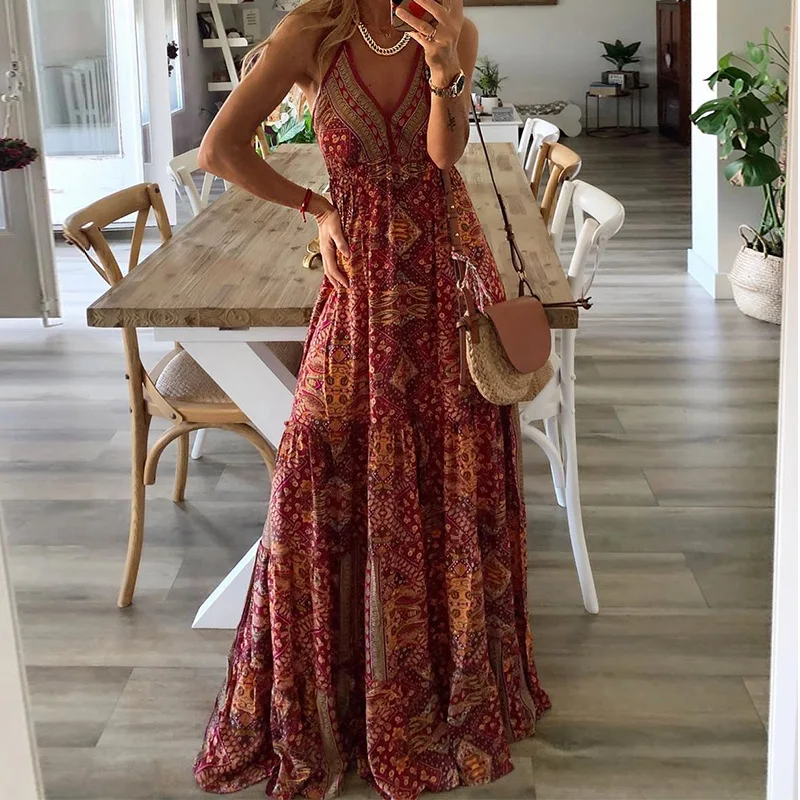 Sexy Holiday Print Dr Women's Strapl Gown Summer Long Skirt V-Ne A-Line Maxi Dr High Waist Floral Pattern