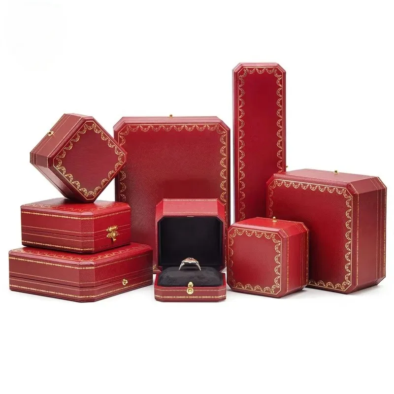 (5pcs) (Ca figure) Red Octagonal Diamond Studded Snap Ring Box, Ring Packaging Box, Wedding Ring Box