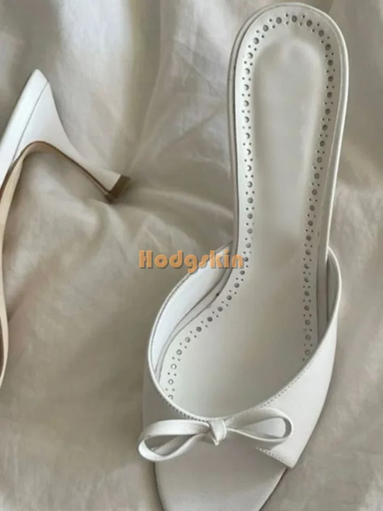 White Butterfly-knot Stiletto Slippers Solid Shallow Round Toe Thin High Heel Pull on Sandals 2024 New Summer Women Sweet Shoes