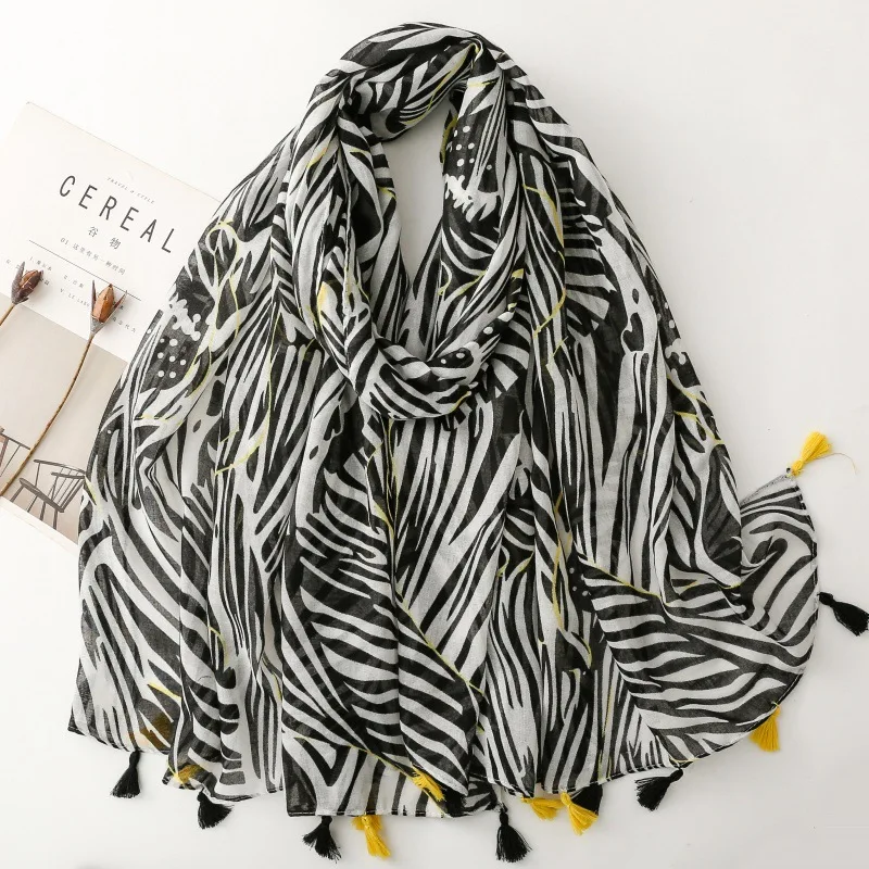 

Women Scarf Zebra-Stripe Summer Beach Shawl Bohemia Cotton Linen Feeling Tassel Pashmina Muslim Hijab Wrap Viscose Scarf Luxury
