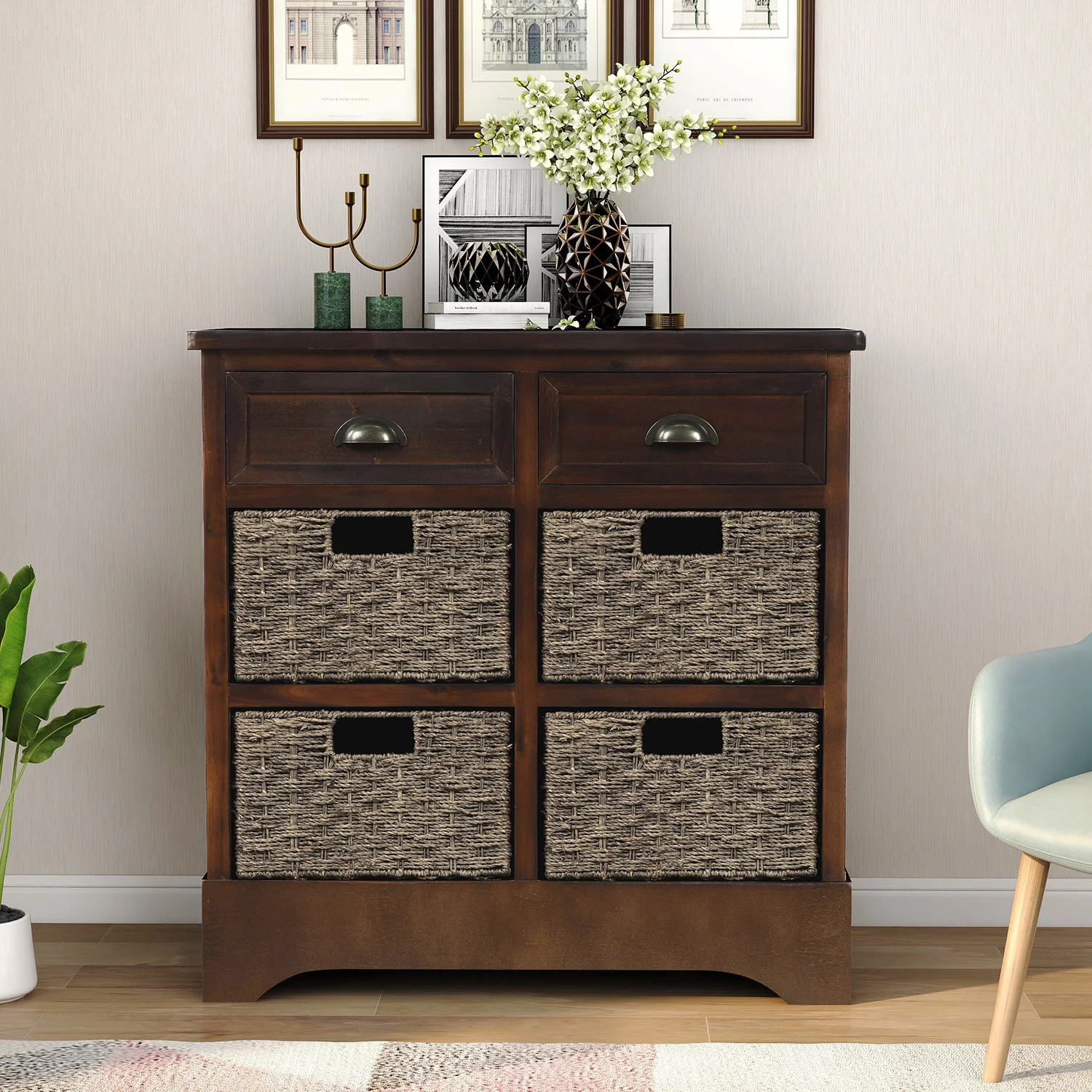 

TREXM Rustic Storage Cabinet with Two Drawers and Four Classic Rattan Basket for Dining Room/Living Room (Espresso)