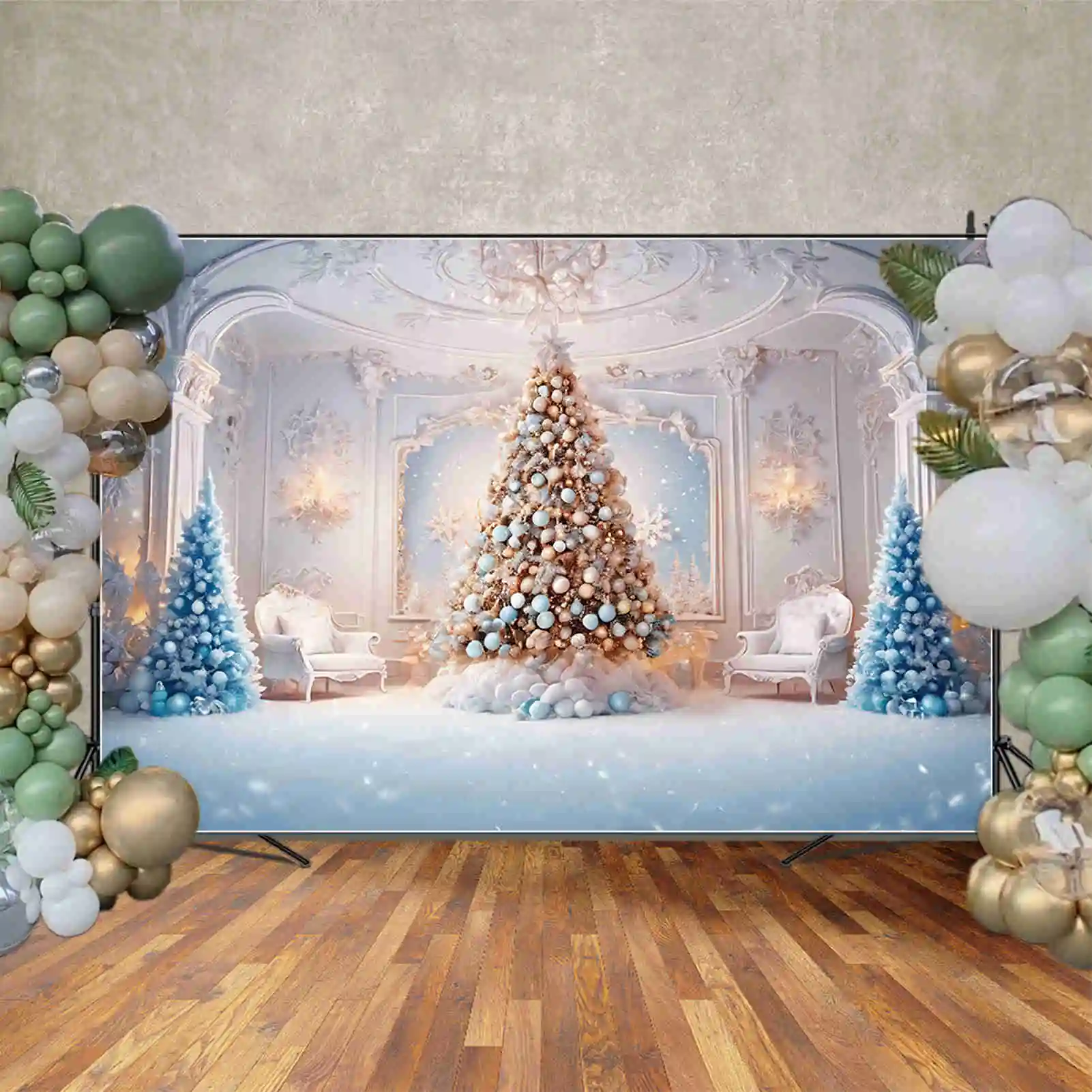 MOON.QG-Fondo de chimenea de árbol de Navidad, fondo azul congelado para interiores, sala de estar, fondos occidentales, decoración de fiesta, accesorios de zona de fotos