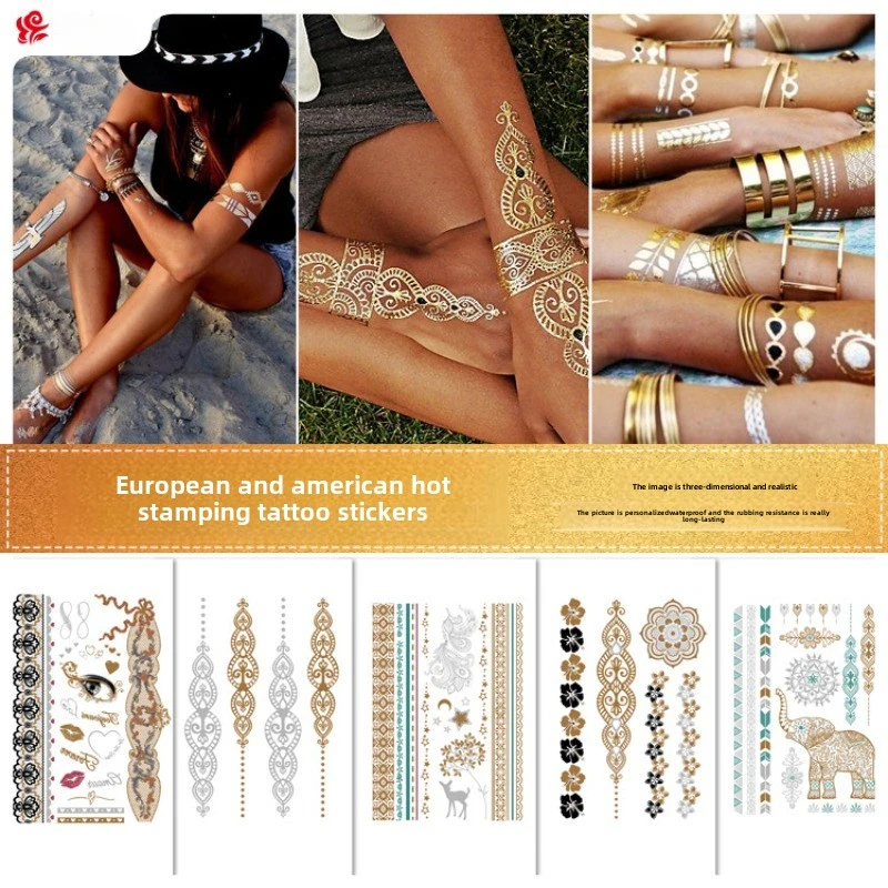 Waterproof Hot Gold Temporary Tattoo Stickers Europe USA Fashion Hot Silver Metal Tattoo Stickers Fake Tattoo Stickers for Woman