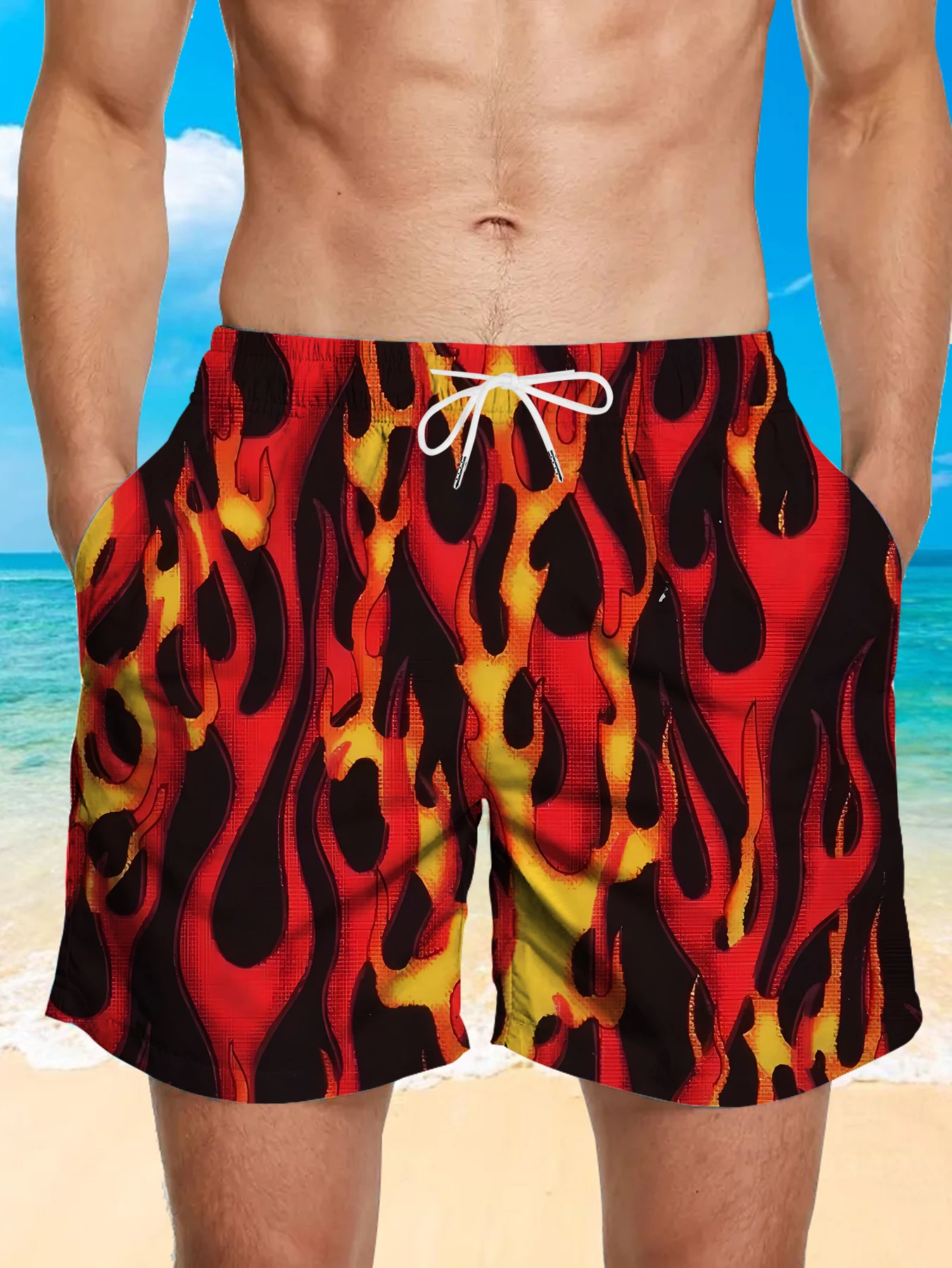 

Comfort Waistband Beach Shorts Men Full Print Digital Design Polyester Trunks