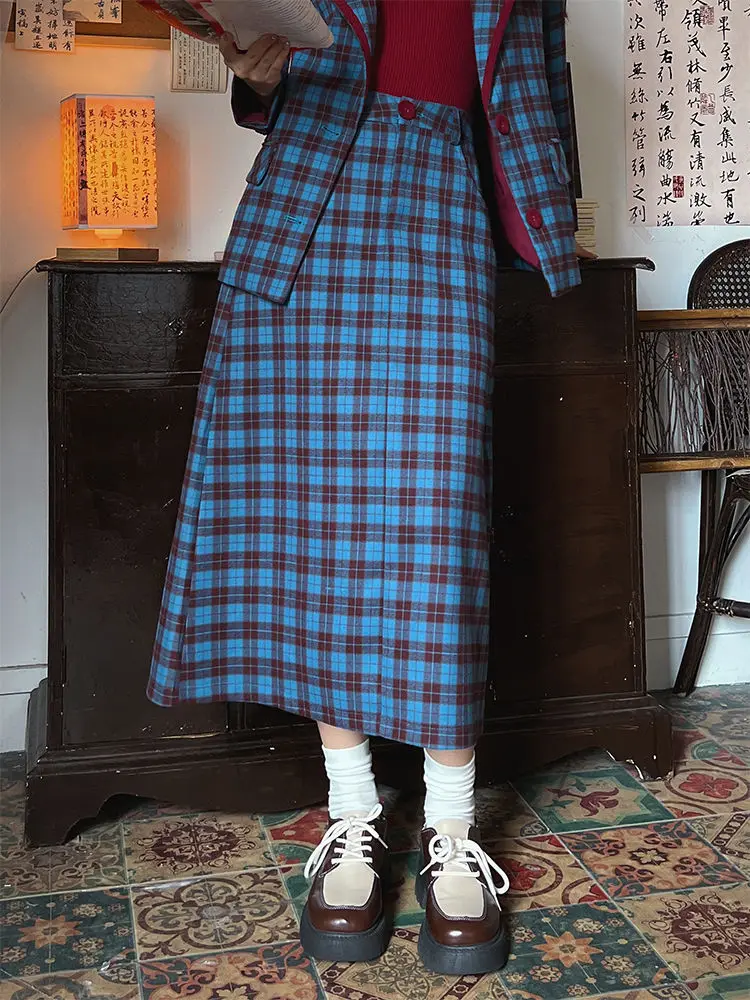 Korean Two Piece Set Skirt  Retro Windbreaker Female Design Stitching Color Contrast Plaid Spring Autumn Casual Women