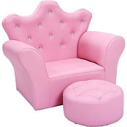 Kids Sofa, Upholstered Sofa with Ottoman, Princess Sofa with Diamond Decoration, PVC Leather Toddler Chair, Gift for Toddlers