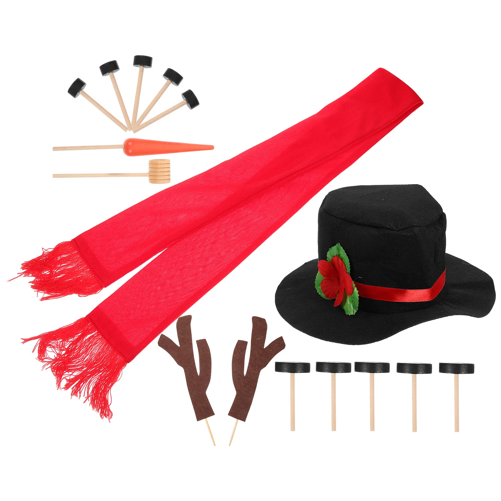 

16Pcs Snowman Building Kit Black Nonwoven Hat Red Scarf Wooden Eyes Mouth Buttons Nose Christmas Winter Family Fun