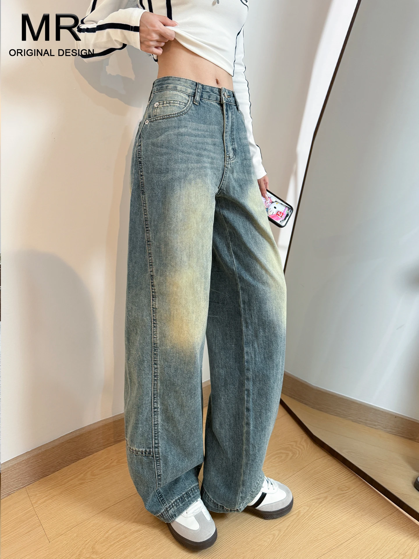 

Джинсы с высокой талией и широкими штанинами в американском стиле, женские, весенне-летние, свободного кроя, с эффектом похудения, в стиле пэчворк, винтажные, повседневные, джинсовые брюки