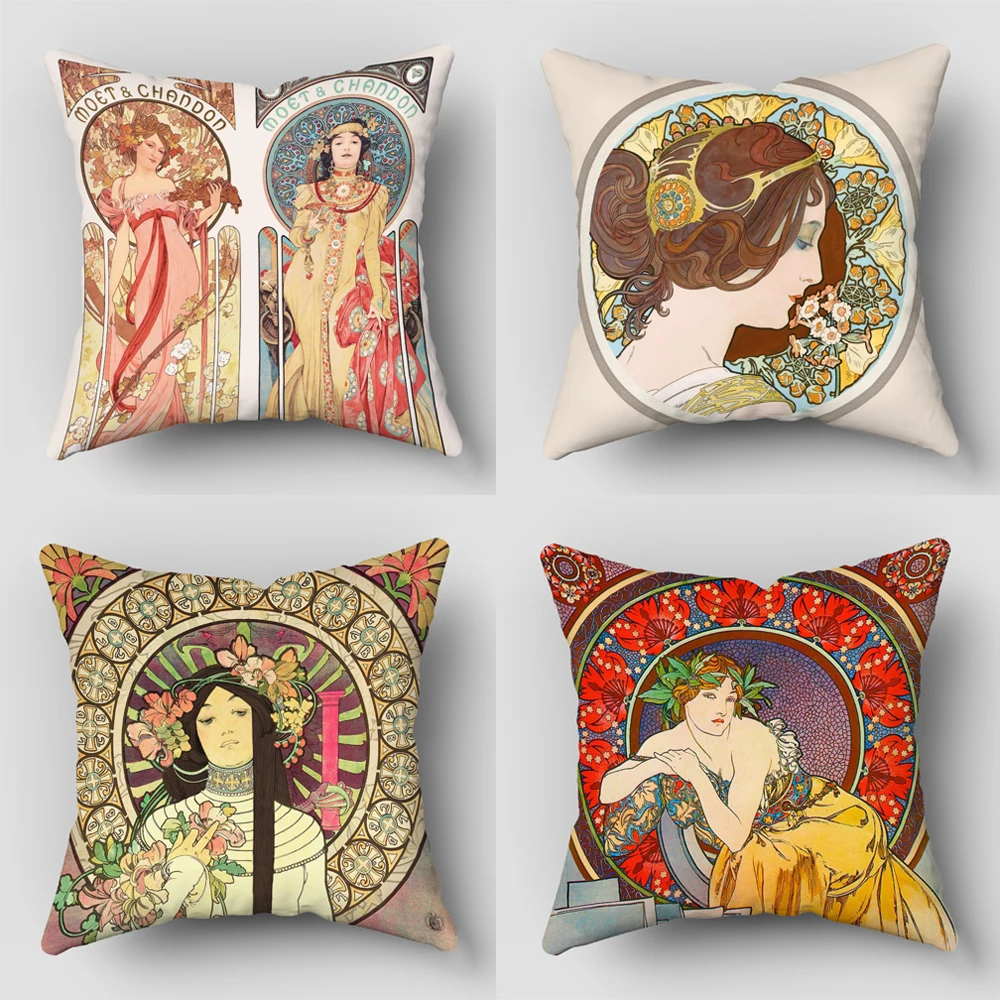 1PC Pillow Case Throw Alphonse Mucha Decorative Square Covers for Couch Sofa Bed,Living Room Sofa Cushion Cover 8.23