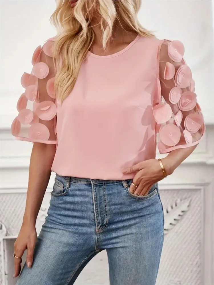 Women\'s Fashion Pink Hollow Out Lace Splicing Short Sleeve Blouse Summer Elegant Office Lady Shirt Casual O Neck Blouses Tops