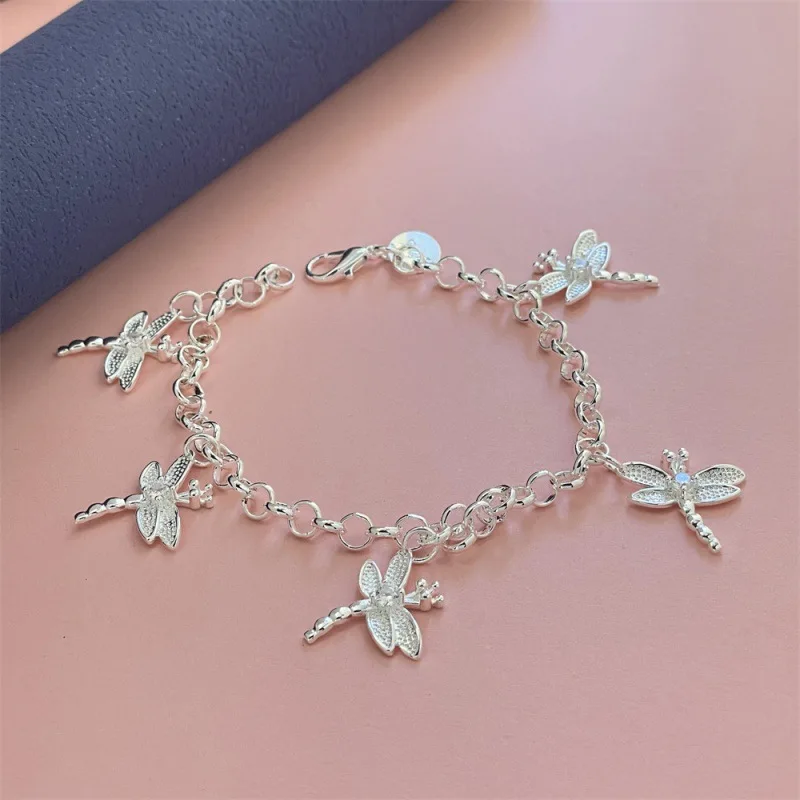 

Браслет из стерлингового серебра 925 пробы, браслет с пятью стрекозами, женский модный простой ювелирный подарок на день рождения, свадьбу, годовщину