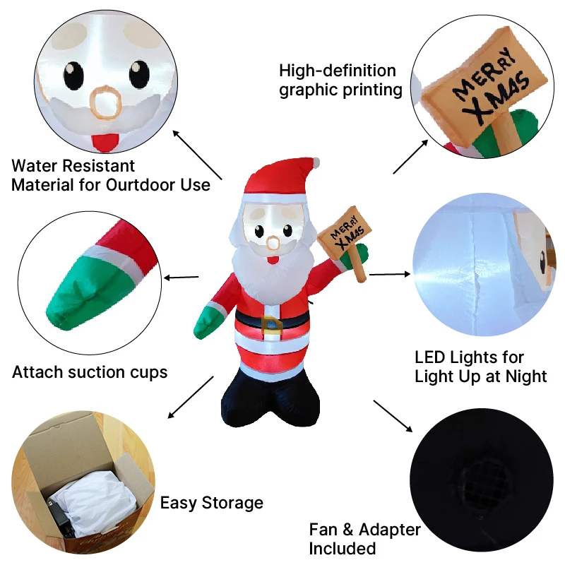 Xmas Inflatable Santa Claus Take wooden sign Holiday Trim Built-in LED Light Indoor Outdoor Garden Yard Lawn Fun Party Trim Prop