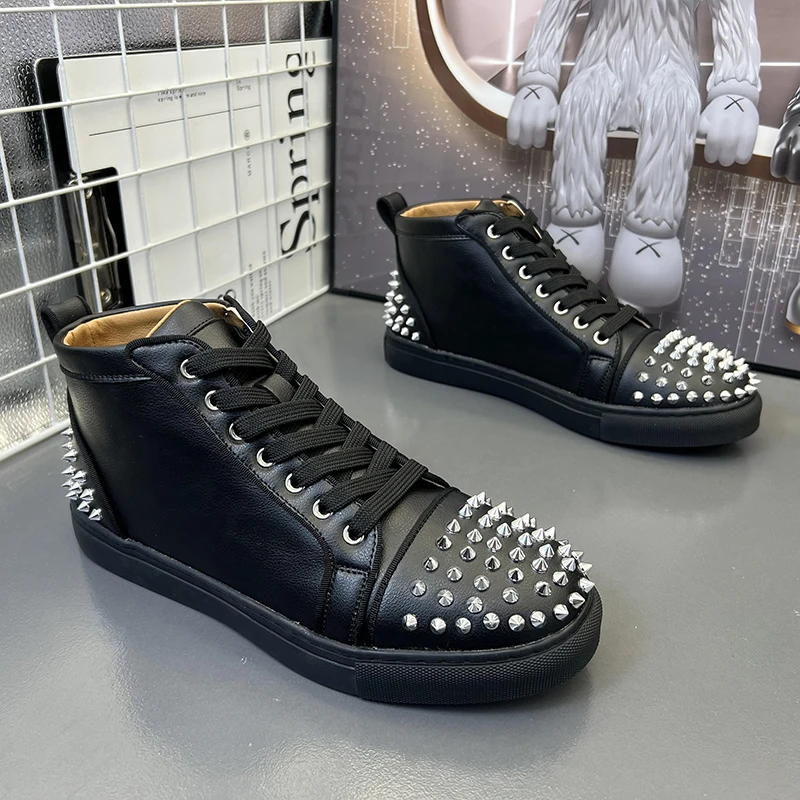 men casual original leather boots brand designer rivets shoes black white cowboy ankle boot hip hop rock dress short botas mans