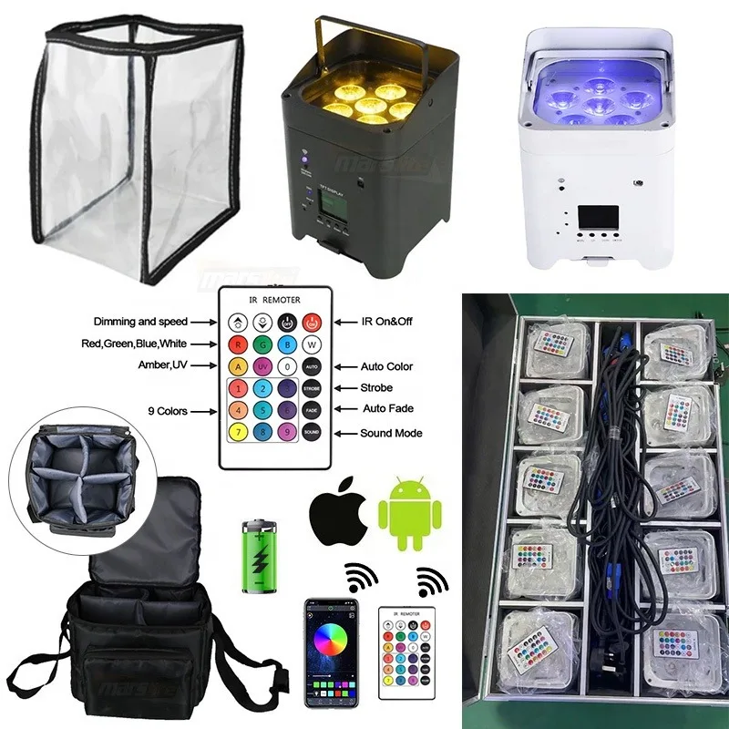 Marslite 6*18W Uplights Battery Wireless Backdrop RGBWA+UV Wedding Party Dj Lights Stage Par Wireless Uplights with Case