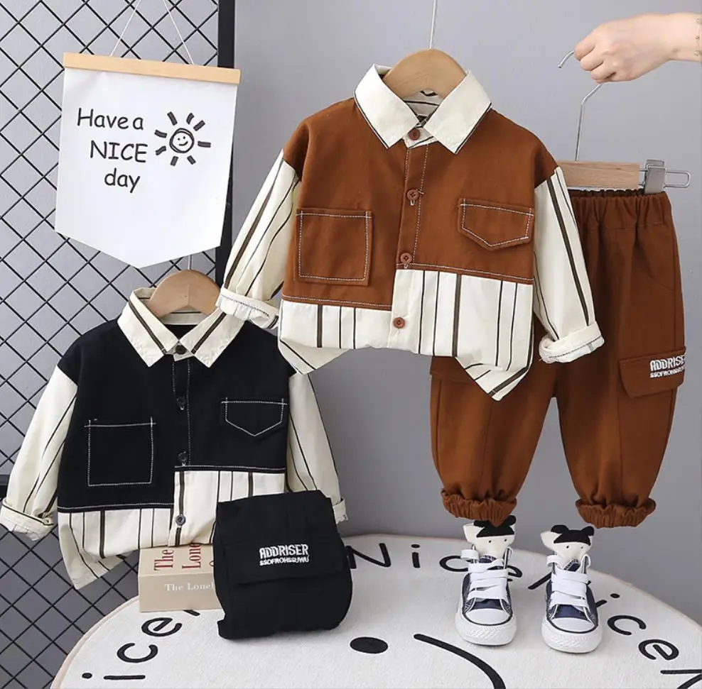 Boys Autumn Outfits 6 To 12 Months Children Baby Clothing Stripe Patchwork Long Sleeve Shirts And Pants Casual Kids Tracksuits