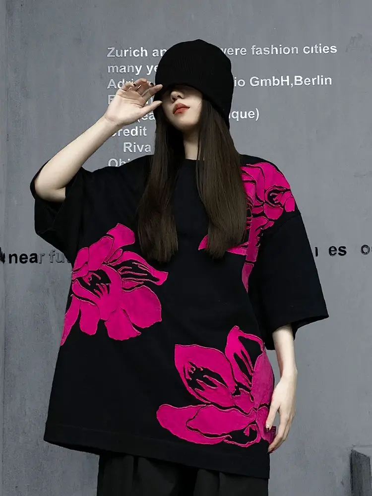 

Original Trendy Summer Black Patch Embroidered T-Shirt Short-Sleeved Women'S Summer 2025 New Half-Sleeved Top