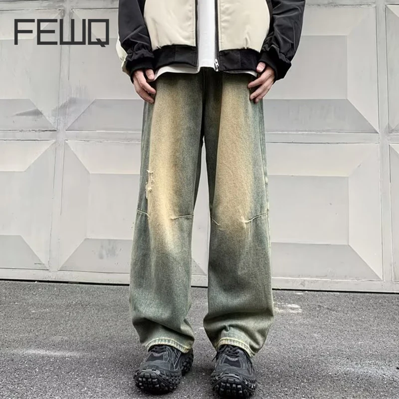 

FEWQ Men's Jeans American High Street Washed Wide Leg Straight Tube Fashion 2023 Vintage Streetwear Male Trousers 24X1821