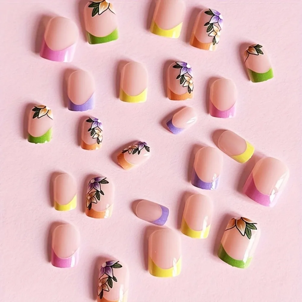 24Pcs Pink Floral French Tip Glossy&Elegant Full Cover Fake Nails for Women&Girls Spring,Daily Wear Short Almond Press-On Nails view 5