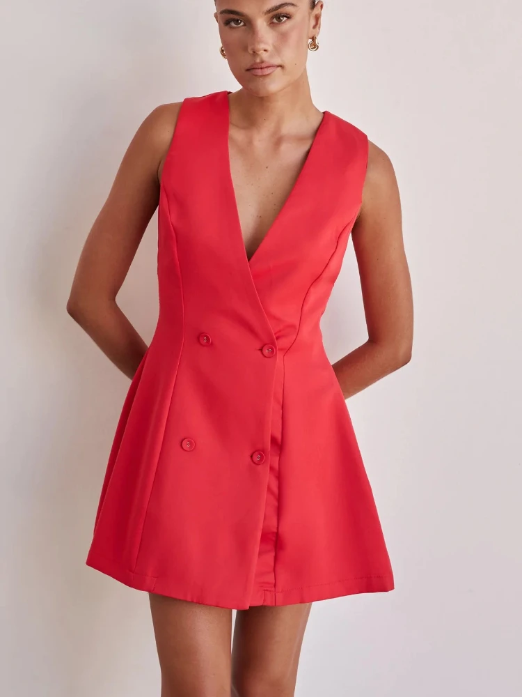 

2025 Spring New Women's Formal Dress Solid Color Casual Sleeveless Single Breasted Style Street Versatile Design Dress