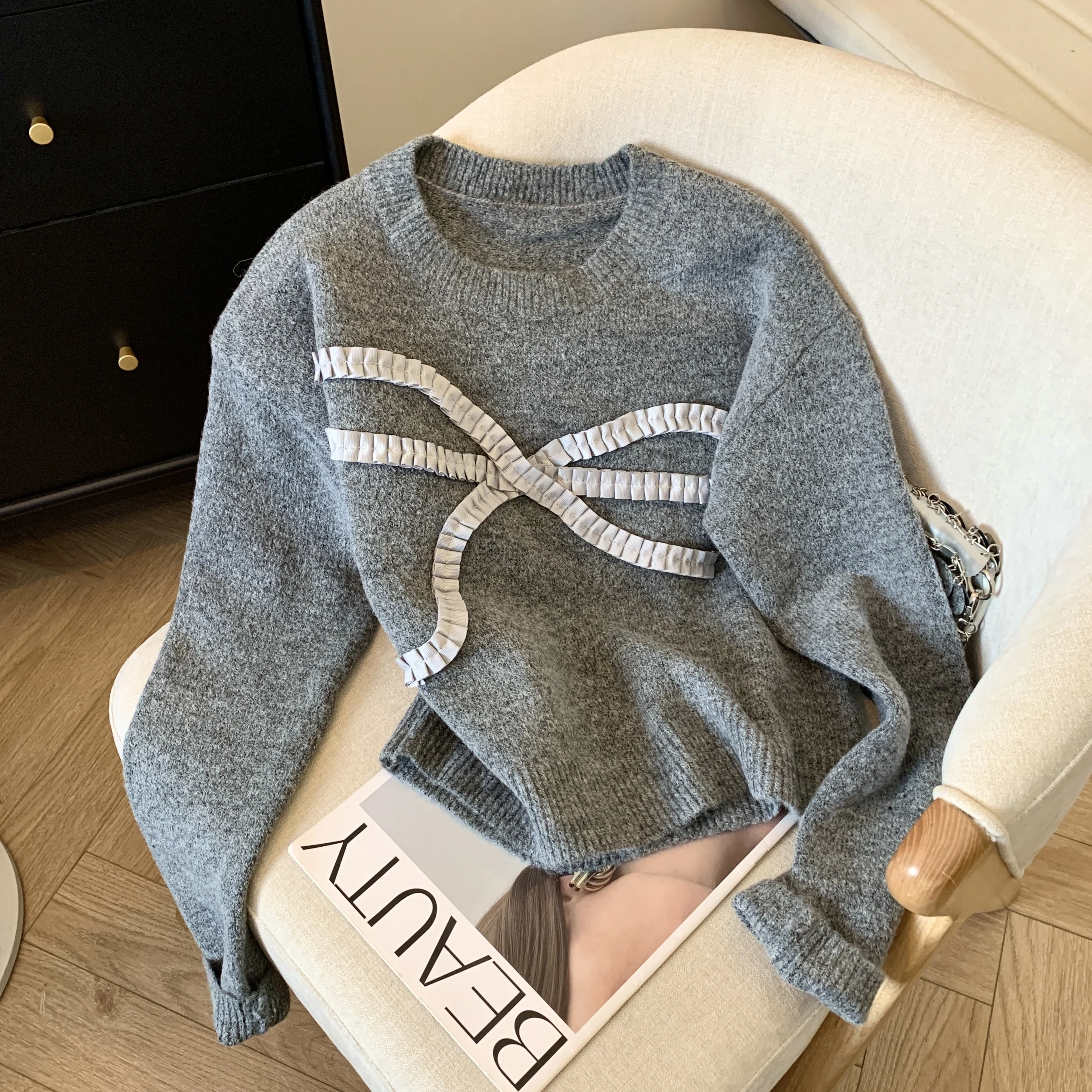 Women's Autumn/Winter Bow Sweater O-Neck Long Sleeve Y2K Fashion Japanese Cute Aesthetic College Retro Top Sweater 2024 Clothing