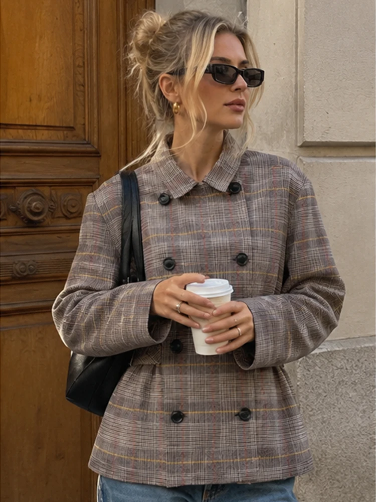HH Plaid Check Short Jacket Fall Winter 2026 Contrast Stand Collar Double Breasted Waist Drawstring Vintage Office Outerwear
