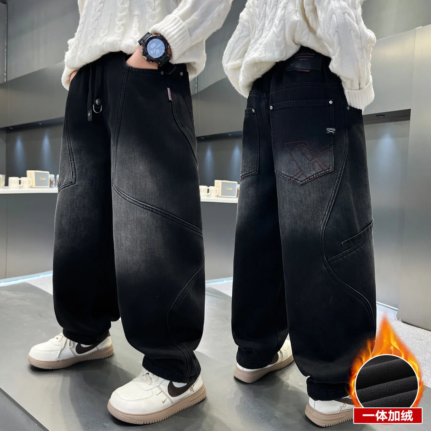 

Autumn Winter Clothes Fleece Pants Children Retro Denim Trousers Big Boy Jeans 4-14Y Vintage Kids Black Gradient Jeans For Boys