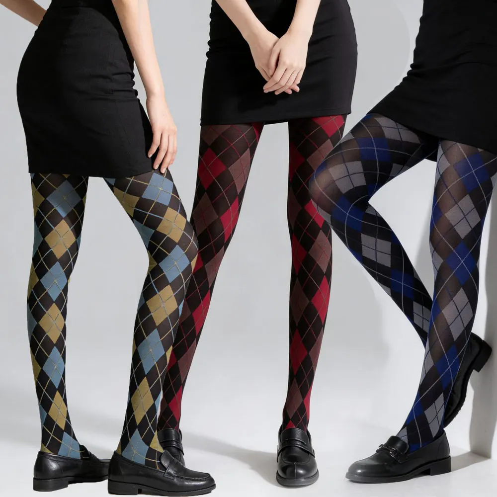 Retro British Argyle Plaid Tights for Women Red Yellow Blue Black Diamond Pattern High Waist Slim Pantyhose JK Autumn