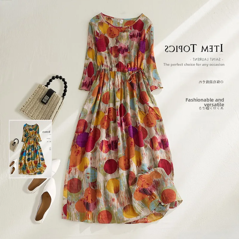 Fashionable Contrast Color Polka Dot Print Cotton Linen Long Dress High Waist Belted Waist in And out of Style A-Line Skirt