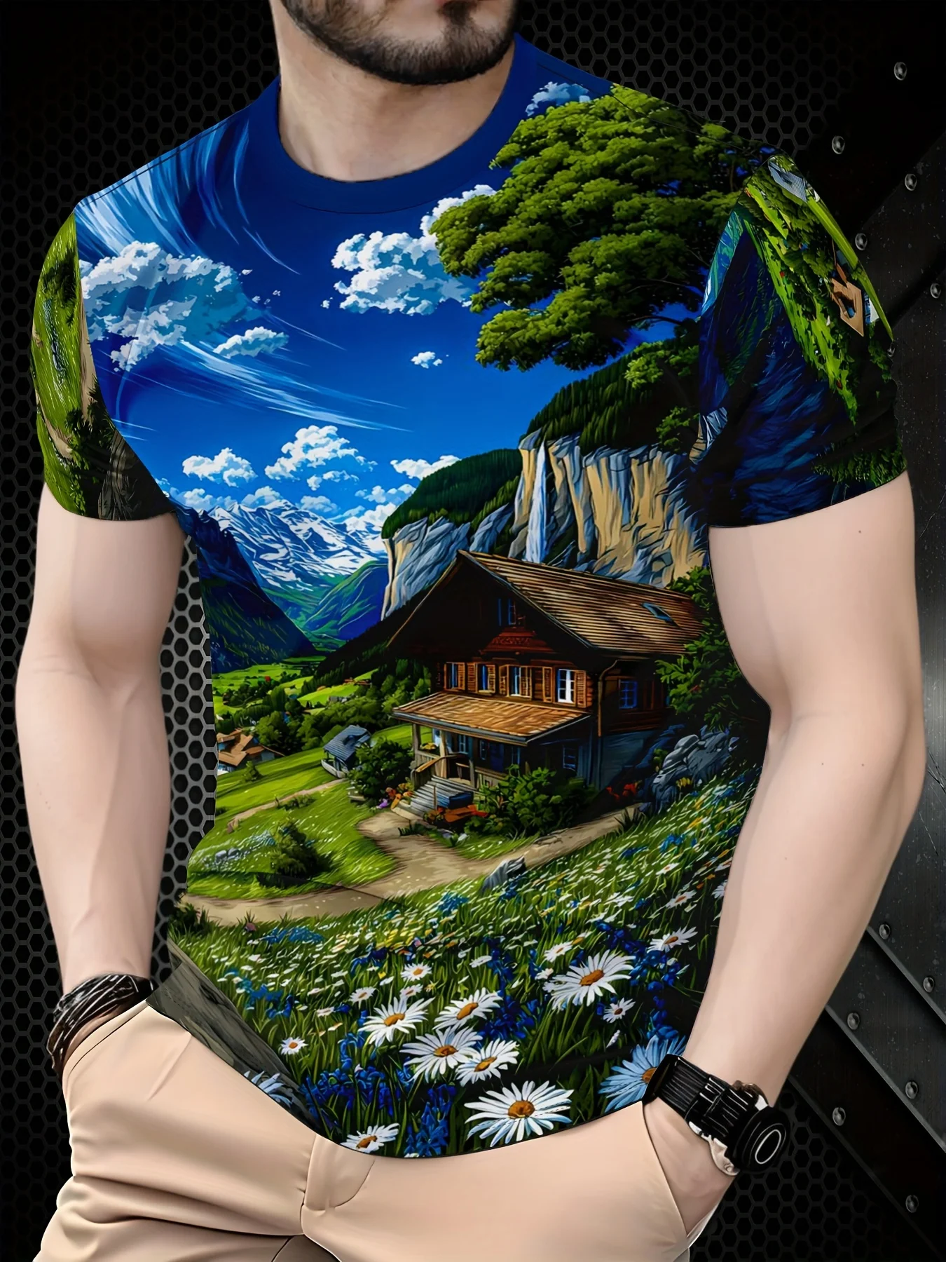 Men's Alpine Mountain Cabin Landscape Print T-Shirt Nature Scenery Full Crew Neck Casual Tee