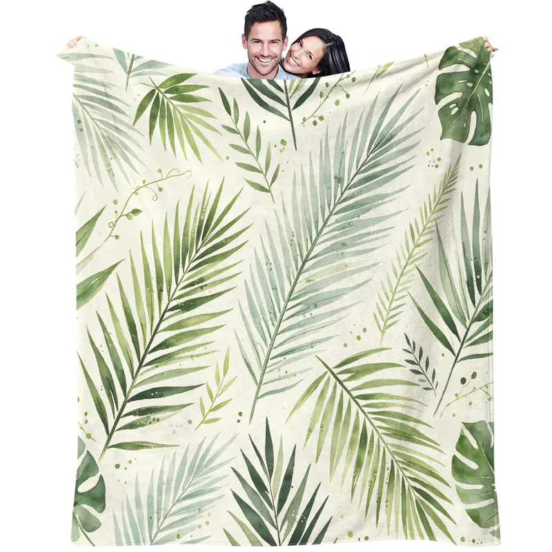 Microfiber Throw Blanket,Ultra-Soft,Skin-Friendly,Portable,Durable,Monstera Fern Watercolor Leaves Print,Modern Bedroom Decor
