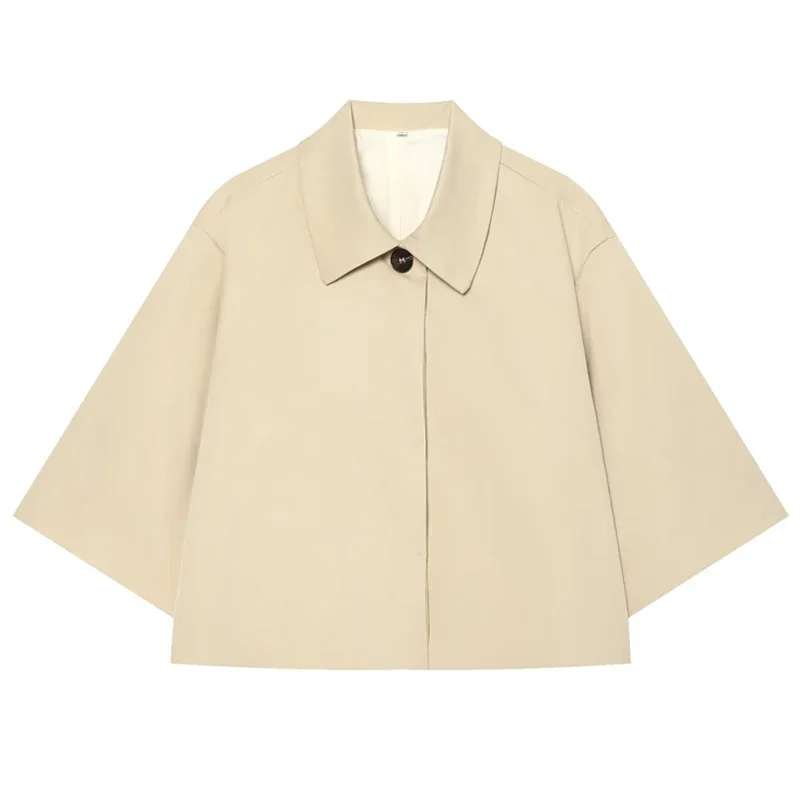 Oversized Jacket Cropped Women's Jacket Autumn 2026 Minimalist Khaki Lapel Button Half Sleeve Coat Fashion Office Outerwear