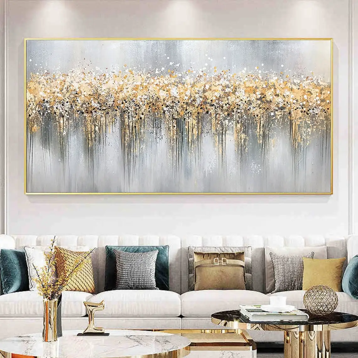 

Gold Foil Hand Painted Oil Painting Golden White Flower Painting Heavy Textured Painting Abstract Flower Wall Art Large Wall Art