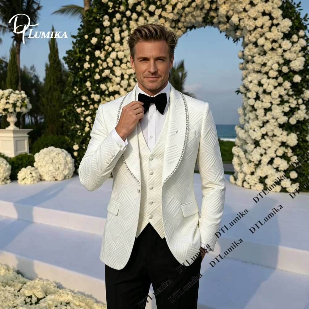 Jacquard Groom Suit for Wedding One Button Jacket with Crystals Embellished Shawl Lapel, Three Pieces Wedding Suit Prom Tuxedo