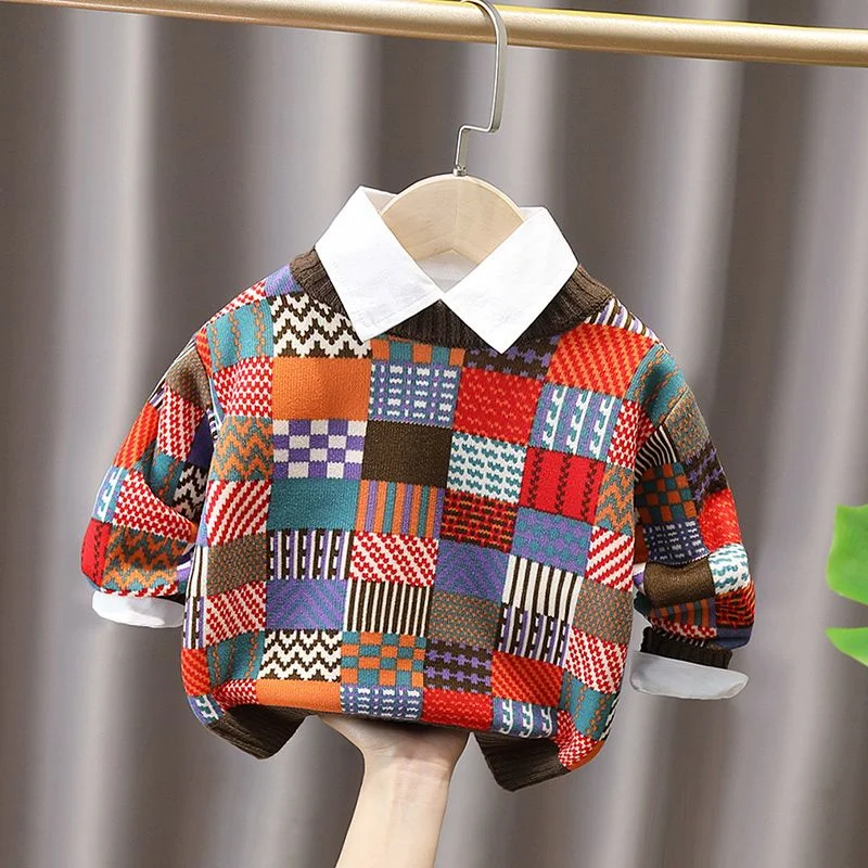 Boys Sweater Wool Coat Kids Tops Knitting 2024 Scoop Spring Autumn Plus Thicken Cottons Pullover Formal Sport Children's Clothin