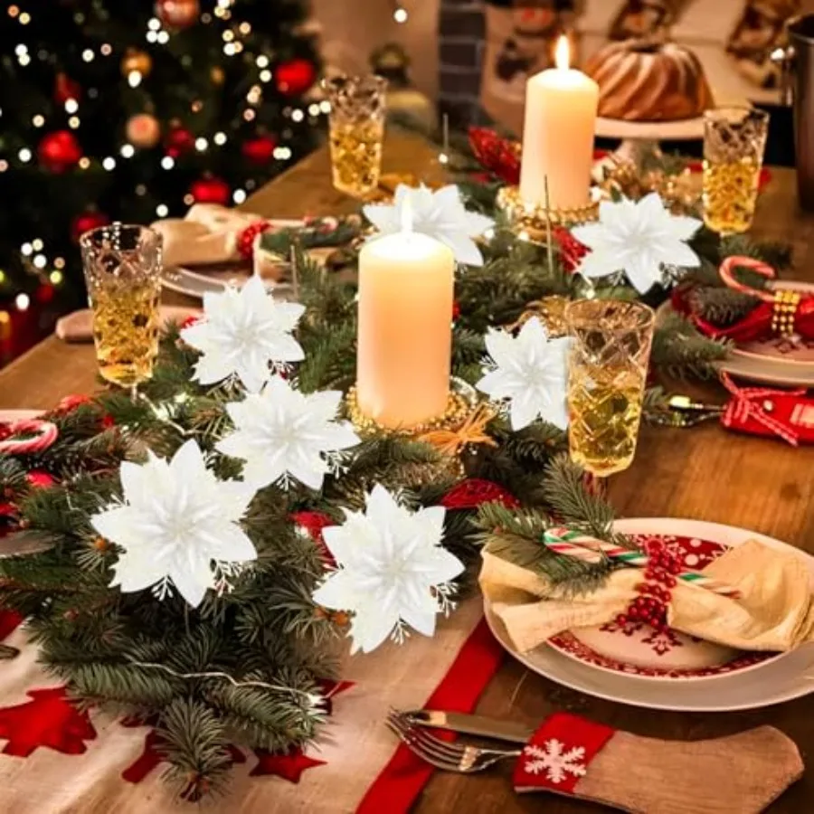 16 قطعة زهرة البونسيتة عيد الميلاد زينة الاصطناعي بريق البونسيتة البيضاء الحلي لشجرة عيد الميلاد إكليل حفل زفاف دي