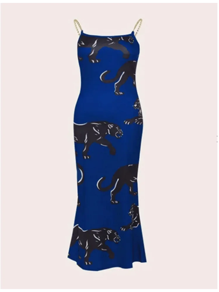 Women's Sexy Slim Dress Summer Sleeveless Blackless Blue Leopard Print Dresses