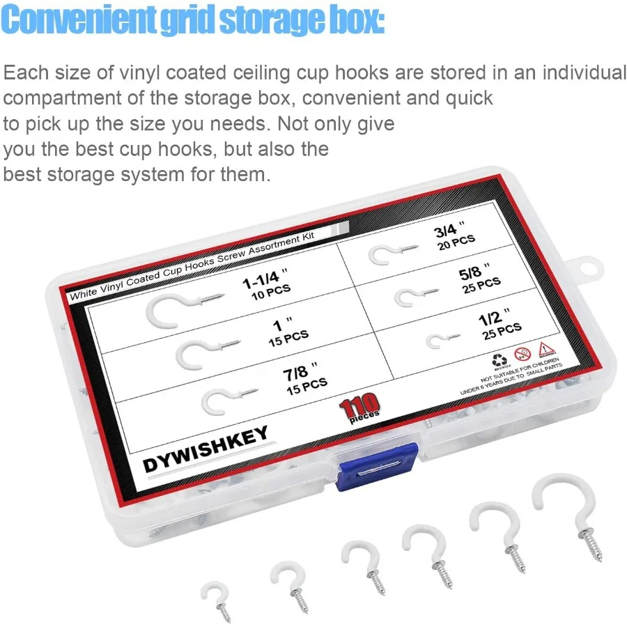 مجموعة خطافات الأكواب 110 قطعة 6 أحجام حامل خطافات السقف المطلي بالفينيل للمكتب المنزلي وأماكن العمل باللون الأبيض 1 2 "5 8" 3 4 "7 8" 1 "11 4"